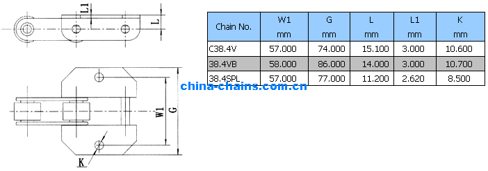 Agricultural roller chains and attachments 38.4V 38.4VB S8.4SPL